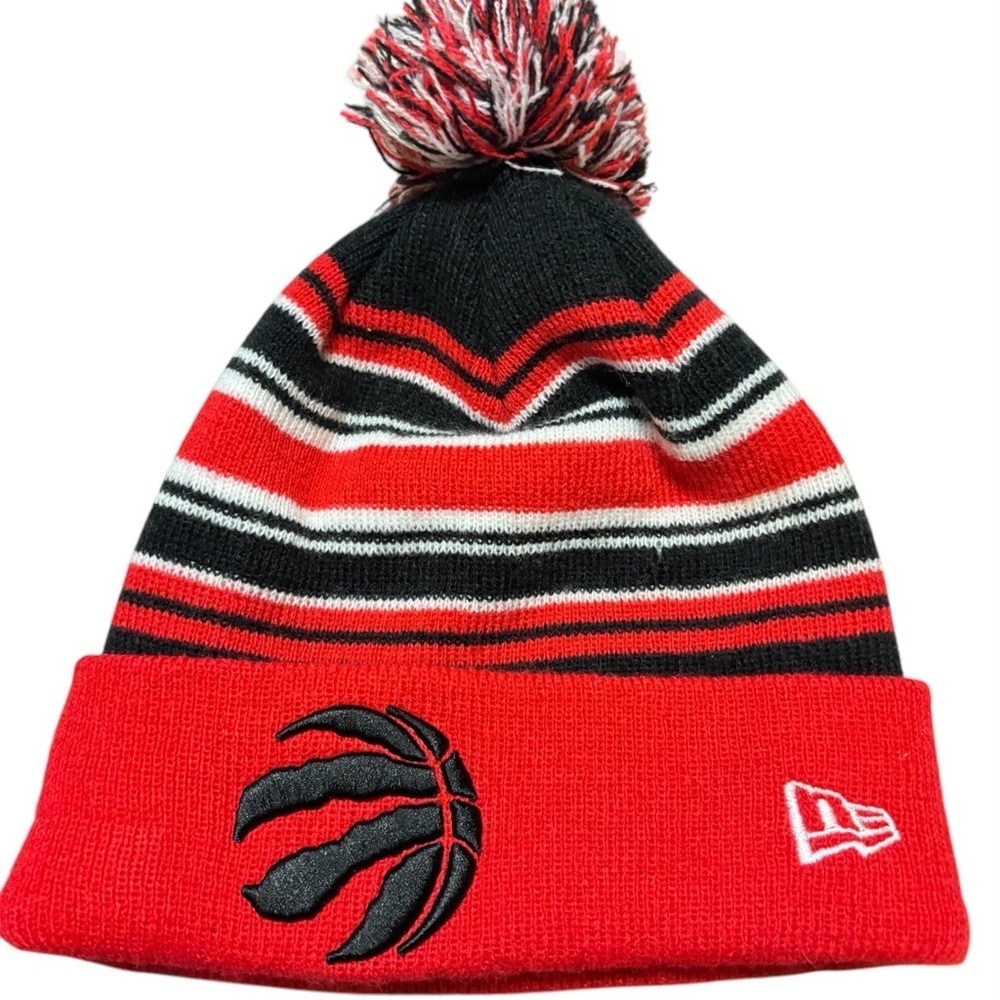 NEW ERA NBA TORONTO RAPTORS POM BEANIE STRIPED ADULT HAT RED BLACK MENS